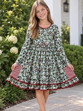 Cheeky Plum size 10 Holiday Holly Berry Girls' Long Sleeve Christmas Dress